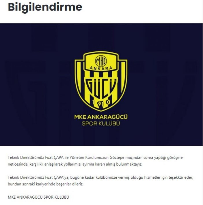 MKE Ankaragücü Kulübü, teknik direktör Fuat Çapa ile yolların ayrıldığını duyurdu