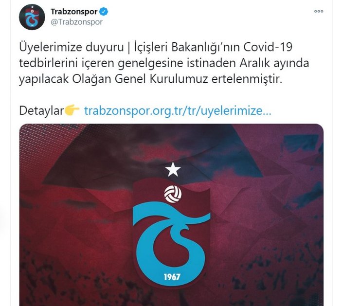 Trabzonspor: Olağan Genel Kurulumuz ertelendi