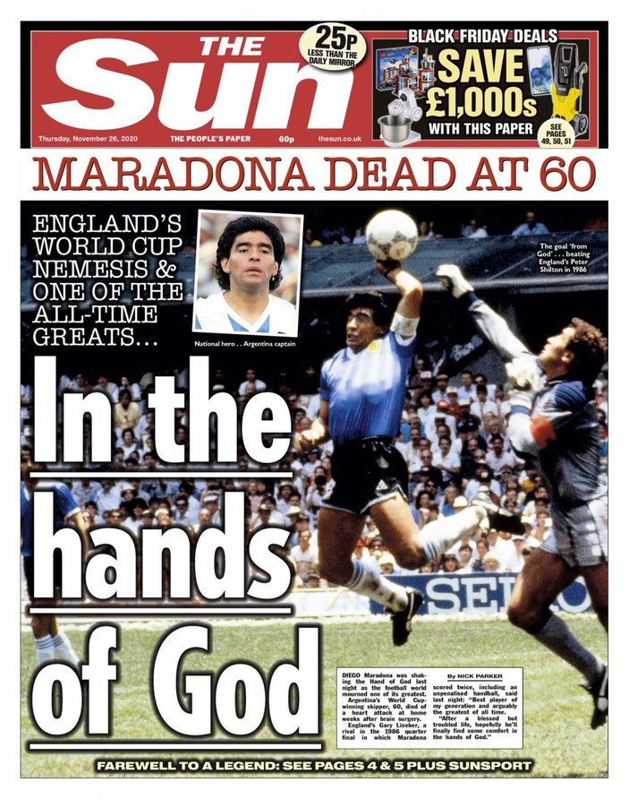 İngiliz medyası, Maradona'nın ölümünü 'Tanrı'nın Eli' ile verdi