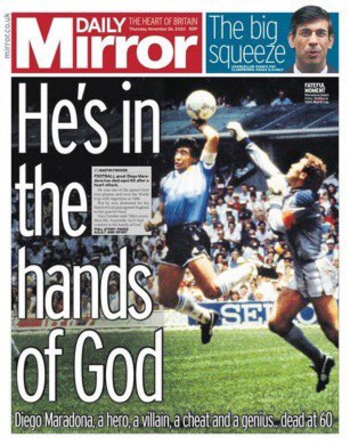 İngiliz medyası, Maradona'nın ölümünü 'Tanrı'nın Eli' ile verdi