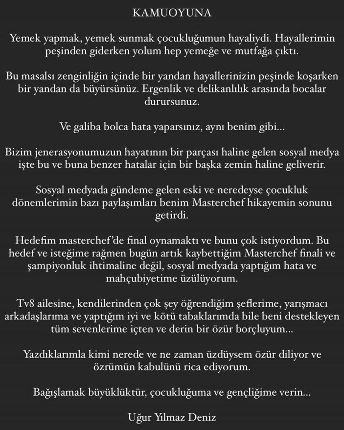 MasterChef'ten diskalifiye olan Uğur, özür diledi