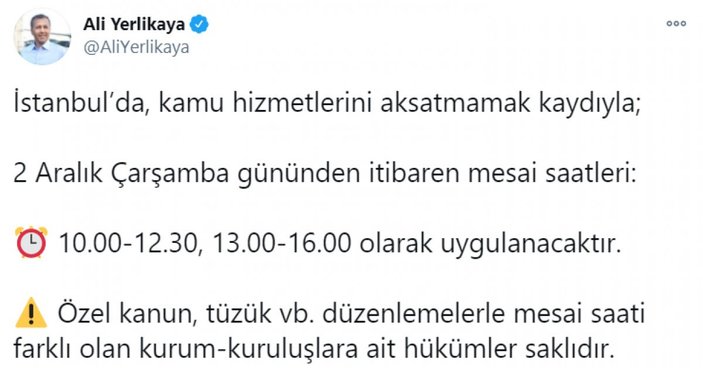 İstanbul Valisi Ali Yerlikaya'dan 'mesai saati' açıklaması