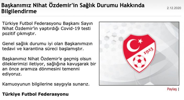 TFF Başkanı Nihat Özdemir'in koronavirüs testi pozitif