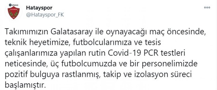 Galatasaray'ın rakibi Hatayspor'da 3 koronavirüs vakası