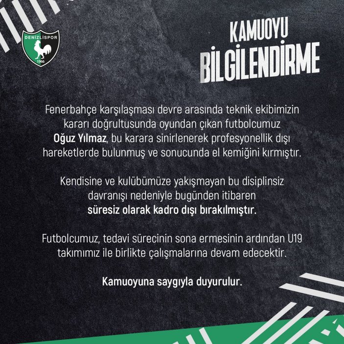 Denizlispor'da, Oğuz Yılmaz kadro dışı bırakıldı