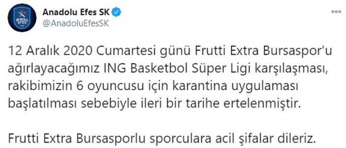 Anadolu Efes-Bursaspor maçı koronavirüs nedeniyle ertelendi