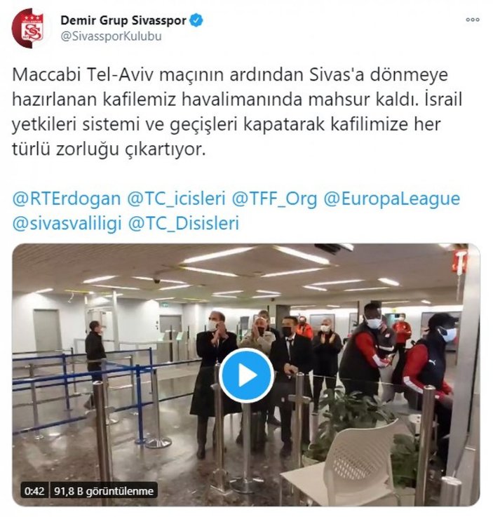 Sivasspor kafilesine İsrail'de kalkış yasağı