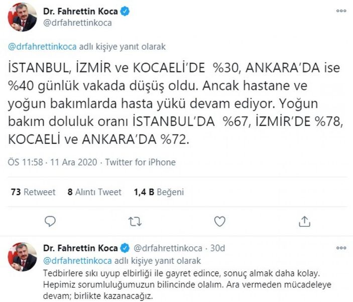 Bakan Koca: İstanbul, İzmir, Kocaeli ve Ankara'da günlük vakada düşüş oldu