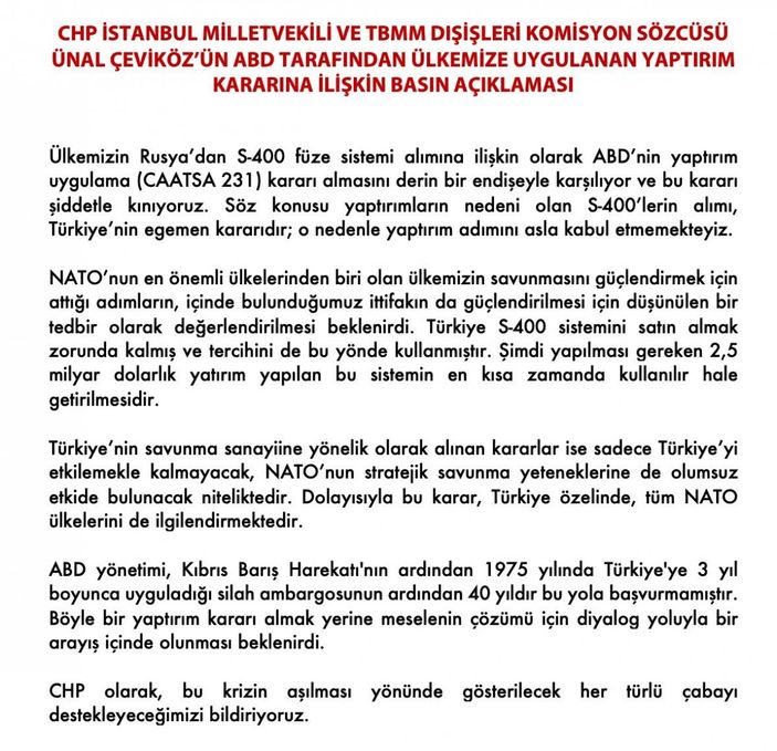 CHP’den ABD’nin yaptırım kararına tepki