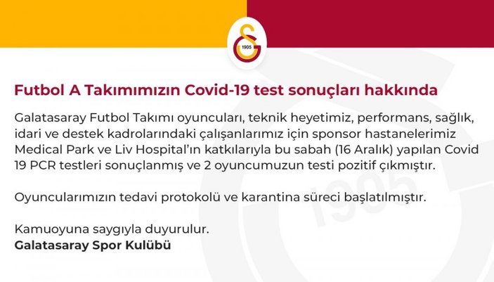 Galatasaray'da 2 ismin koronavirüs testi pozitif çıktı