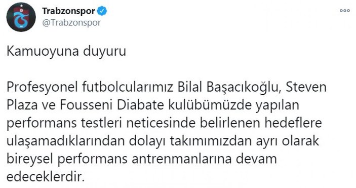 Trabzonspor'da Bilal, Plaza ve Diabate kadro dışı bırakıldı