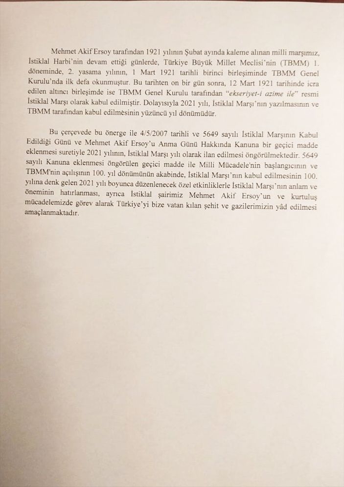 2021, TBMM'de İstiklal Marşı Yılı kabul edildi