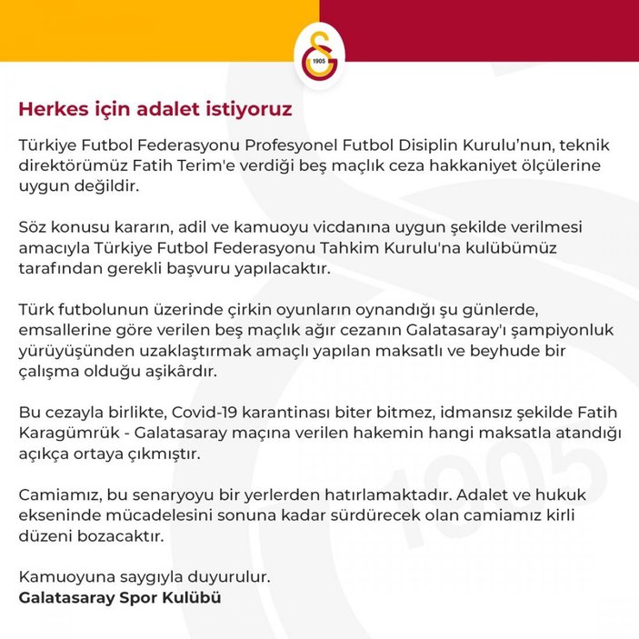 Galatasaray: Herkes için adalet istiyoruz