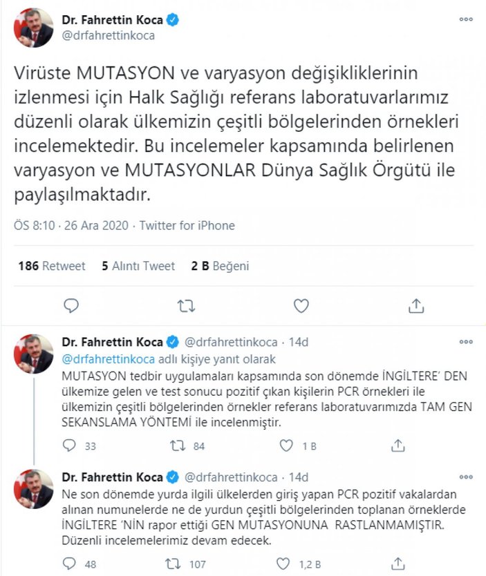 Fahrettin Koca: Koronavirüsün yeni mutasyonuna Türkiye'de rastlanmadı