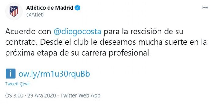 Atletico Madrid, Diego Costa'nın sözleşmesini feshetti