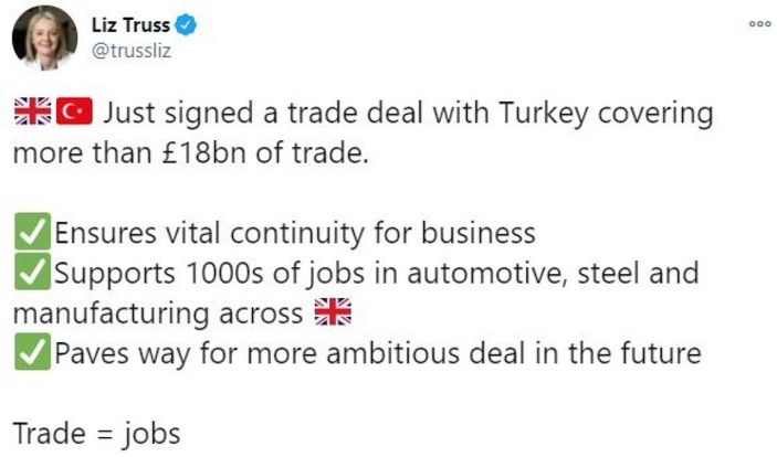 İngiliz bakan Liz Truss'tan Türkiye ile serbest ticaret paylaşımı