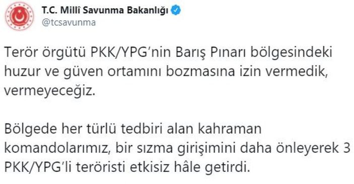 Barış Pınarı bölgesinde 3 terörist etkisiz hale getirildi