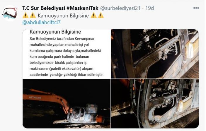 d Diyarbakır’da belediyenin kiraladığı iş makinası yakıldı