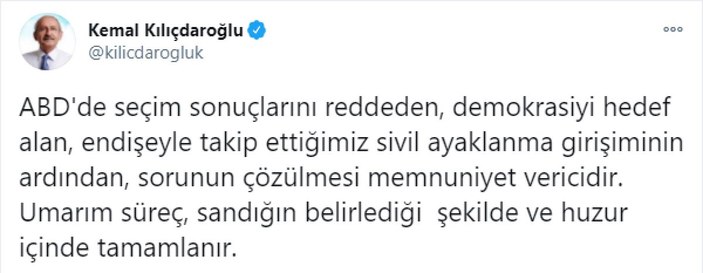 Kılıçdaroğlu'ndan ABD yorumu: ABD'deki sorunun çözümü memnuniyet verici