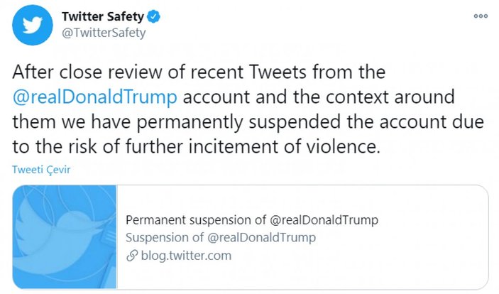 Twitter, Trump'ın hesabını kalıcı olarak askıya aldığını açıkladı