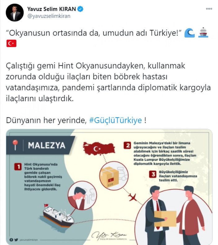 Türkiye okyanusun ortasında ilaçları tükenen vatandaşına ilaç ulaştırdı