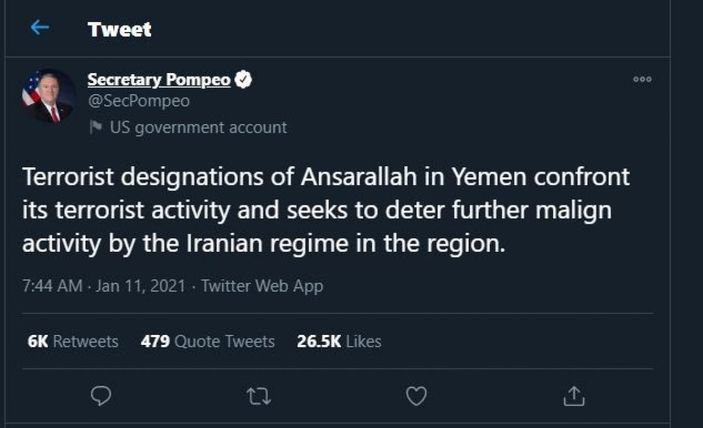 Mike Pompeo: Husiler’i terör örgütü olarak tanımlayacağız