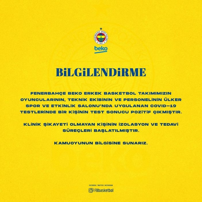 i Fenerbahçe Beko'da bir kişinin korona testi pozitif çıktı