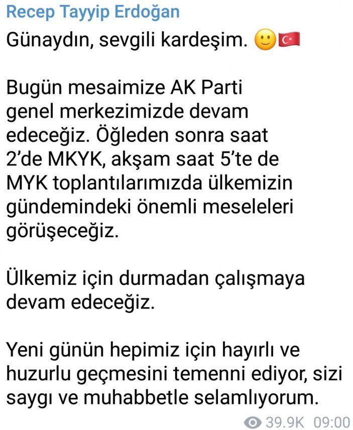 Cumhurbaşkanı Erdoğan, Telegram'dan mesaisini paylaştı