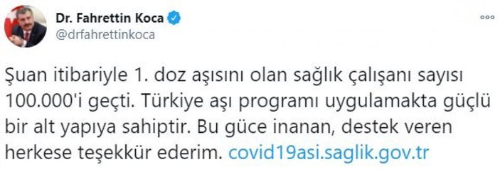 Türkiye'de koronavirüs aşısı olan sağlık çalışanı sayısı 100 bini geçti