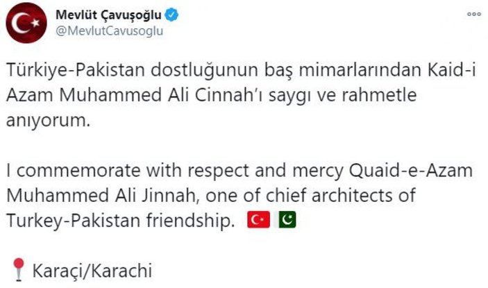 Mevlüt Çavuşoğlu, Pakistan’ın kurucu lideri Ali Cinnah'ın kabrini ziyaret etti