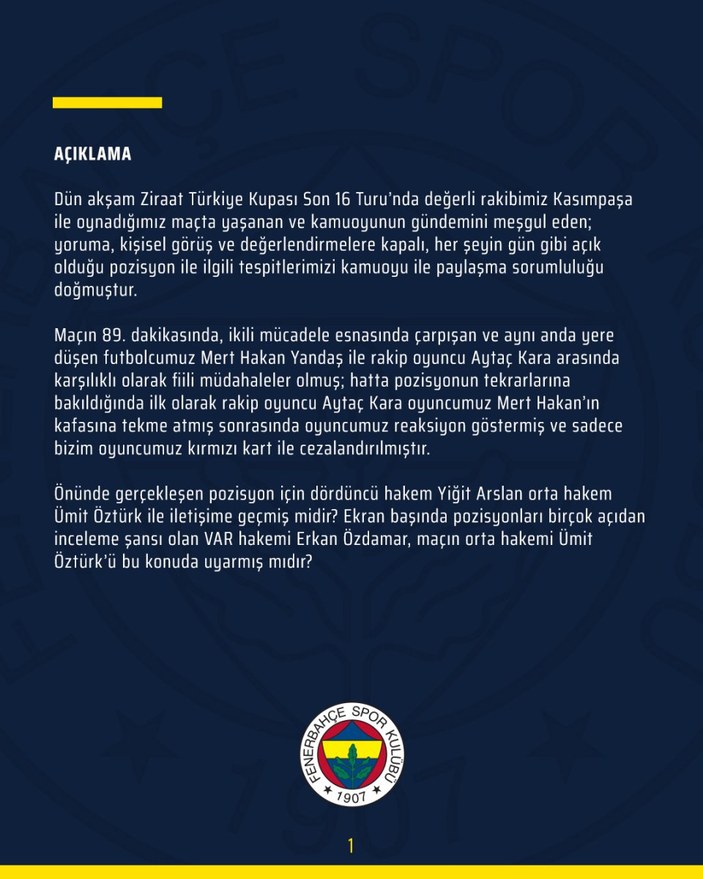 Fenerbahçe: PFDK kararlarının takipçisi olacağız