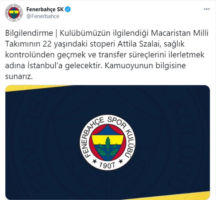 Fenerbahçe, Attila Szalai transferini açıkladı