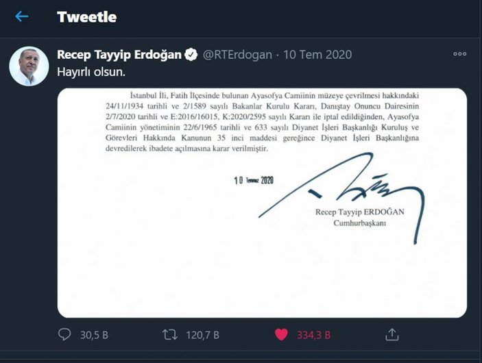 recep tayyip erdoğan ayasofya tweeti