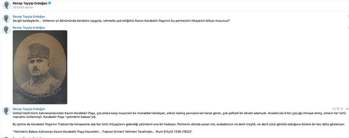 Cumhurbaşkanı Erdoğan'dan 'Kazım Karabekir' paylaşımı