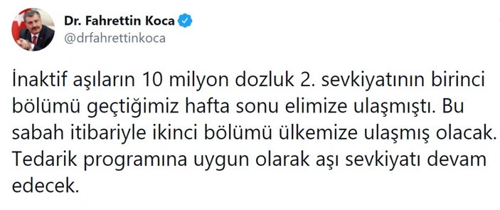 Bakan Koca: Aşıların 2. sevkiyatının ikinci bölümü bu sabah gelecek