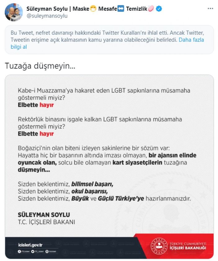 Twitter'dan Süleyman Soylu'nun paylaşımına kısıtlama