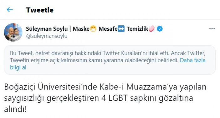 Twitter'dan Süleyman Soylu'nun paylaşımına kısıtlama