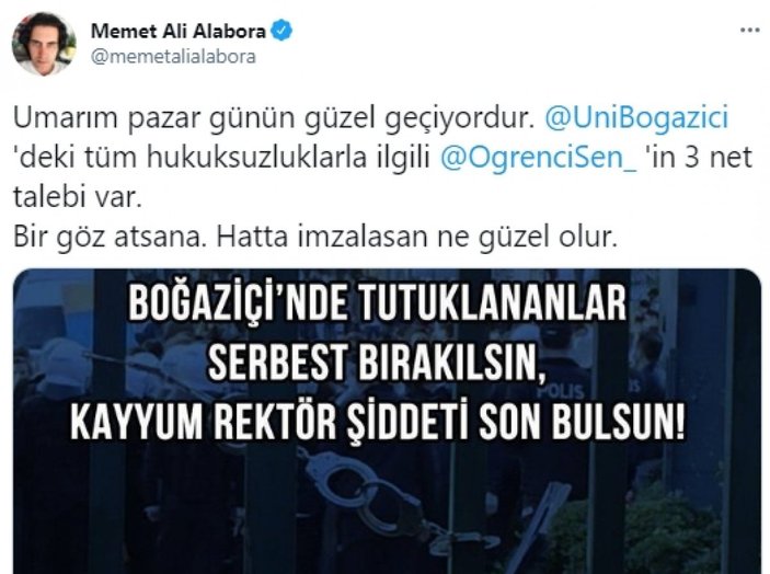 Memet Ali Alabora'dan Boğaziçi protestolarına destek