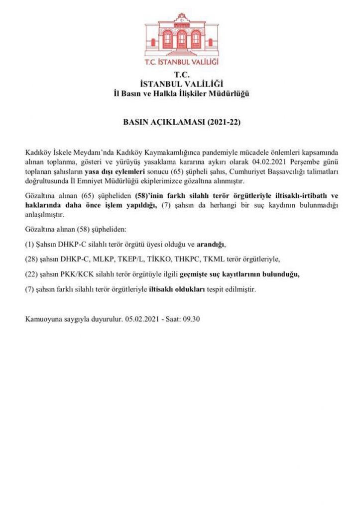 İstanbul Valiliği: 65 kişiden 58'i terör örgütleriyle irtibatlı