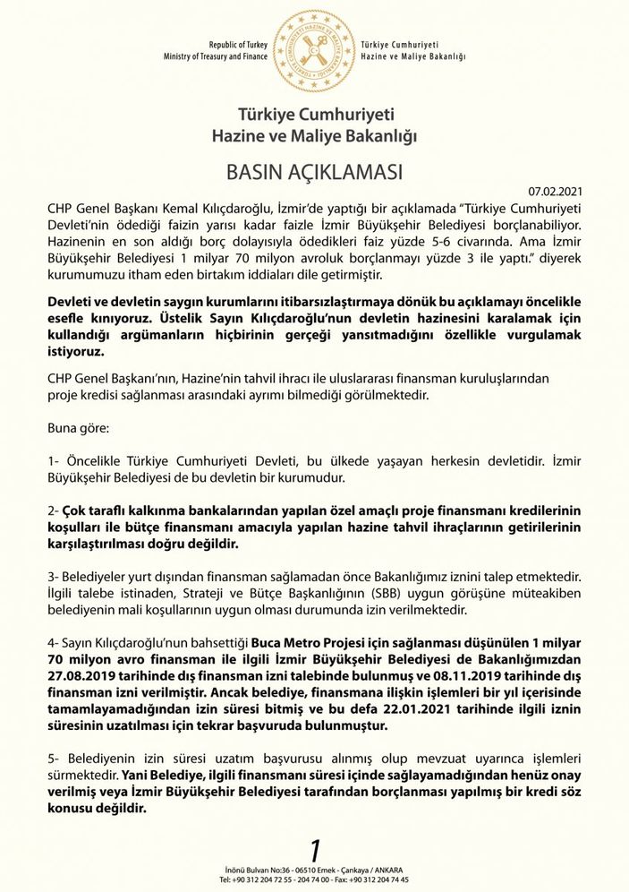 a Kılıçdaroğlu’nun ithamlarına Hazine ve Maliye Bakanlığı'ndan cevap