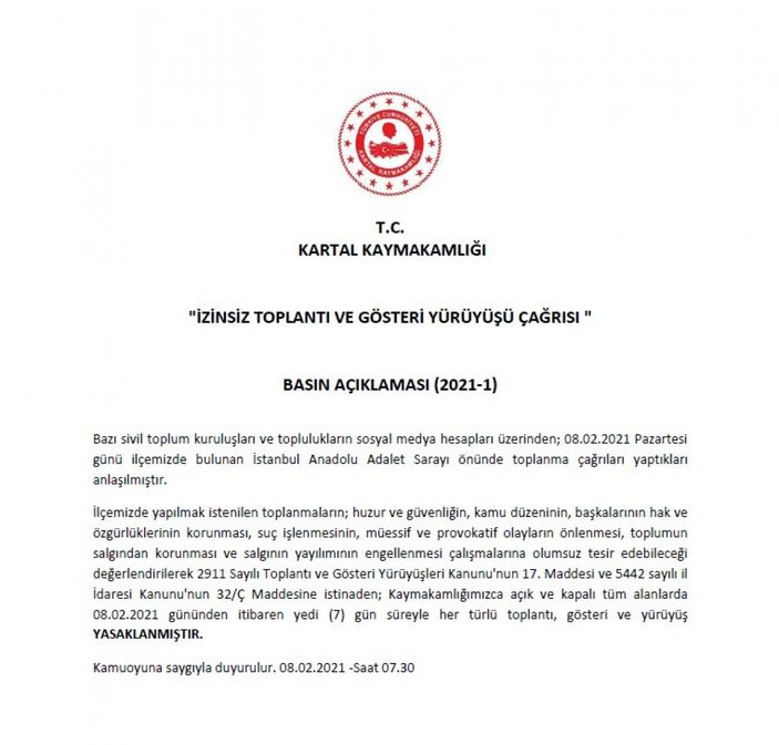 Kartal Kaymakamlığı gösteri ve yürüyüşleri yasakladı