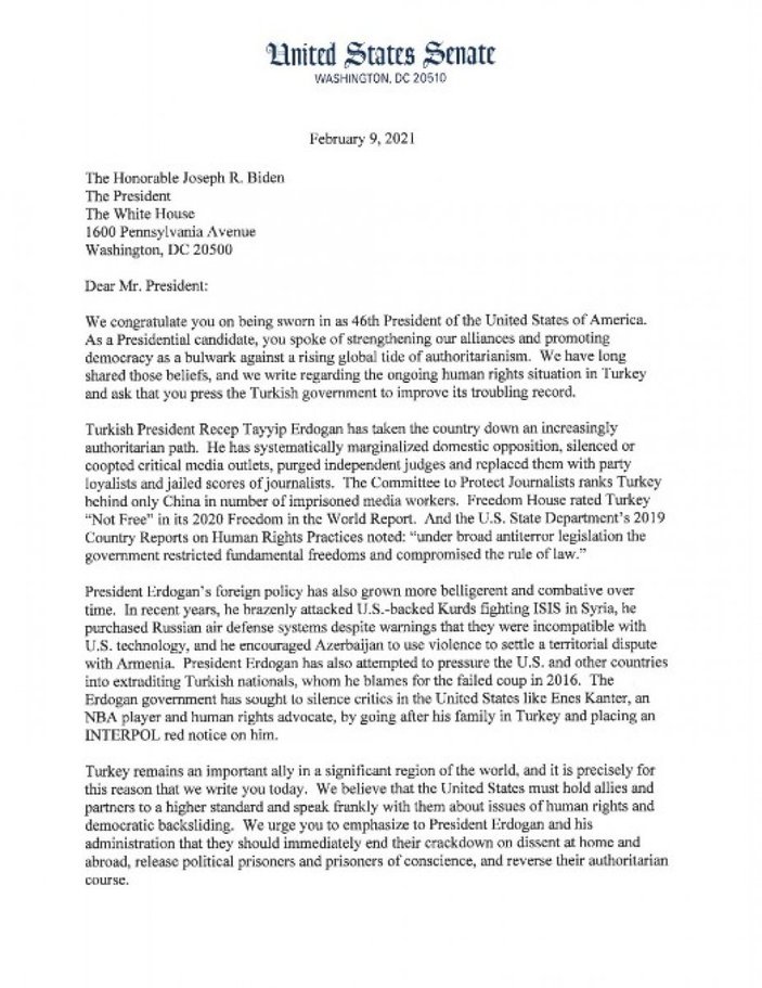 ABD'li senatörler Biden'a Türkiye mektubu yazdı