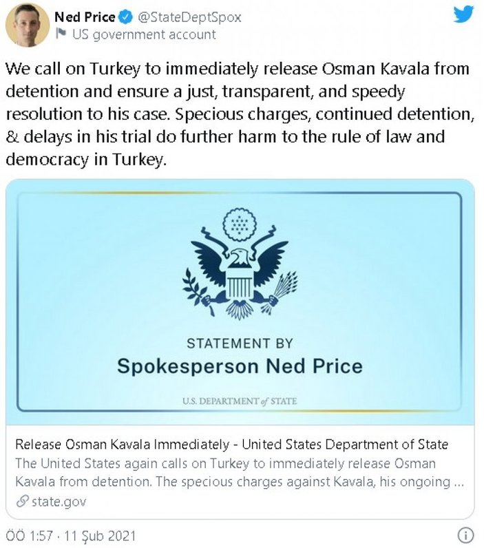 ABD'den Türkiye'ye: Osman Kavala'yı derhal serbest bırakın