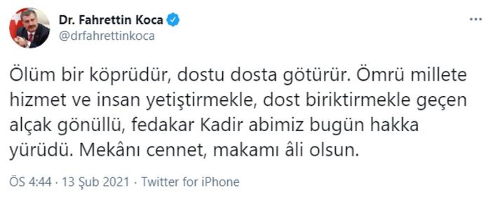 Fahrettin Koca: Fedakar Kadir ağabeyimiz Hakk'a yürüdü