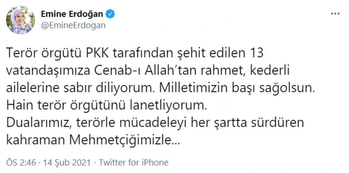 Emine Erdoğan'dan taziye mesajı