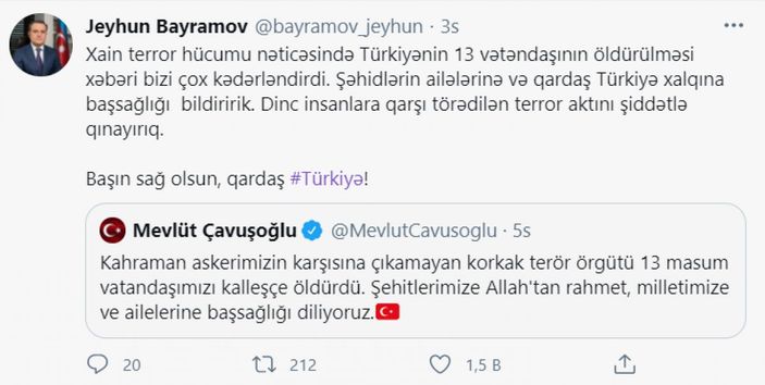 Ceyhun Bayramov'dan Türkiye’ye taziye mesajı