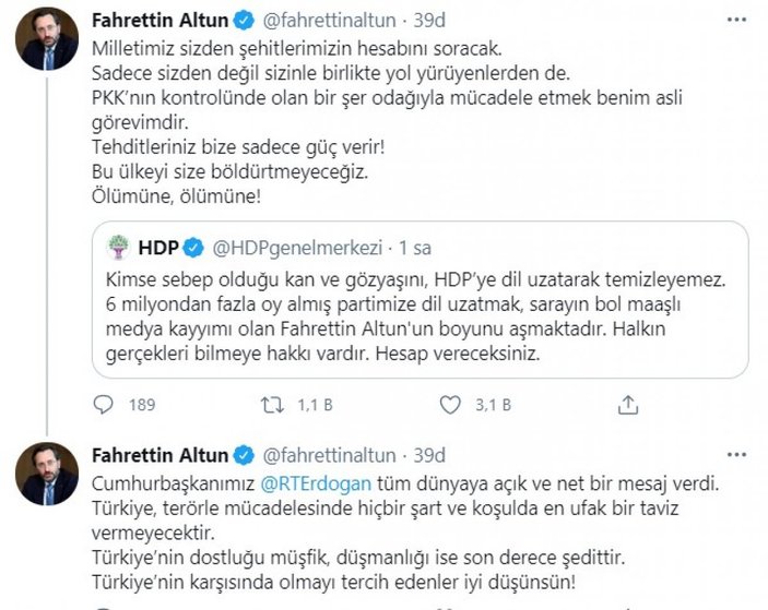 Fahrettin Altun, HDP'ye cevap verdi: Bu ülkeyi size böldürtmeyeceğiz