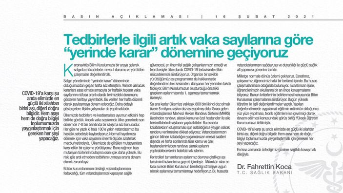 Bakan Koca: Tedbirlerle ilgili artık 'yerinde karar' dönemine geçiyoruz