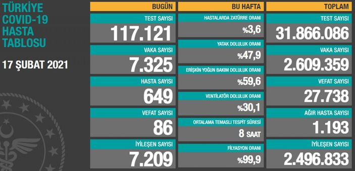 17 Şubat Türkiye'de koronavirüste son durum