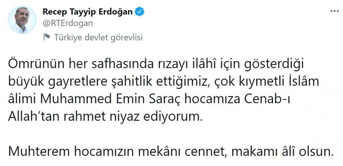 Cumhurbaşkanı Erdoğan'dan Emin Saraç için başsağlığı mesajı